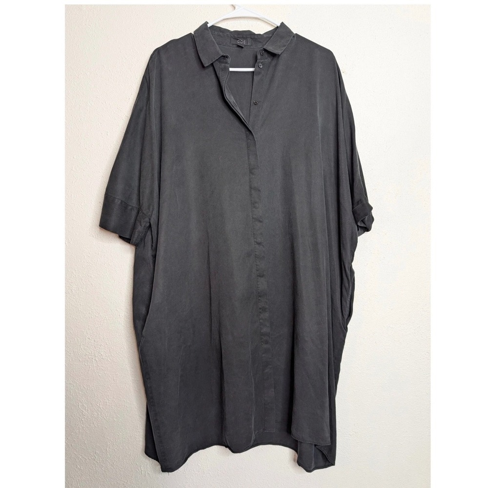 COS Shirt Dress Women LG Black Lyocell Short Sleeve Oversized Minimalist Office